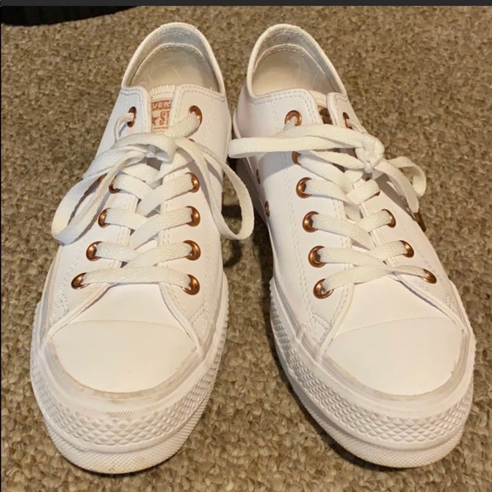 White rose gold leather platform converse